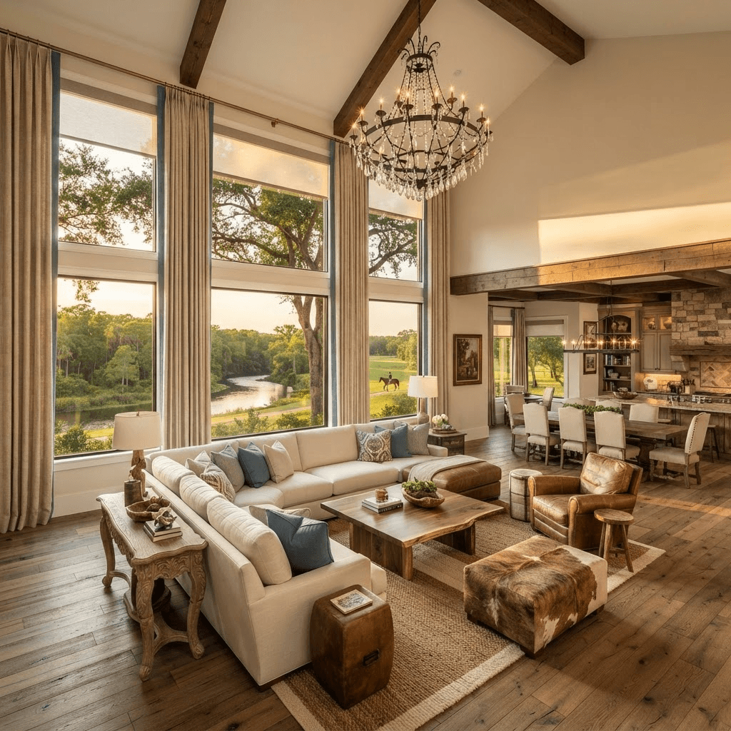 Great room in a gated equestrian acreage estate in Hidden River near Myakka City with floor-to-ceiling windows overlooking the Manatee River and trails, dressed in motorized solar shades and custom drapery