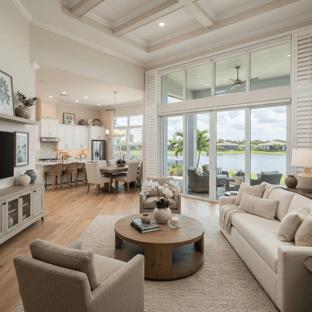 Bright living area in Huntington Pointe on Palmer Ranch with lakefront windows dressed in easy-to-operate motorized roller shades and plantation shutters