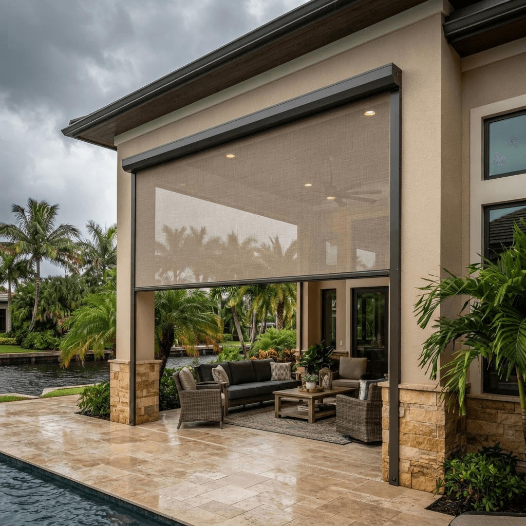 Motorized roll-down hurricane protection screens lowered over a Florida home’s lanai before a storm