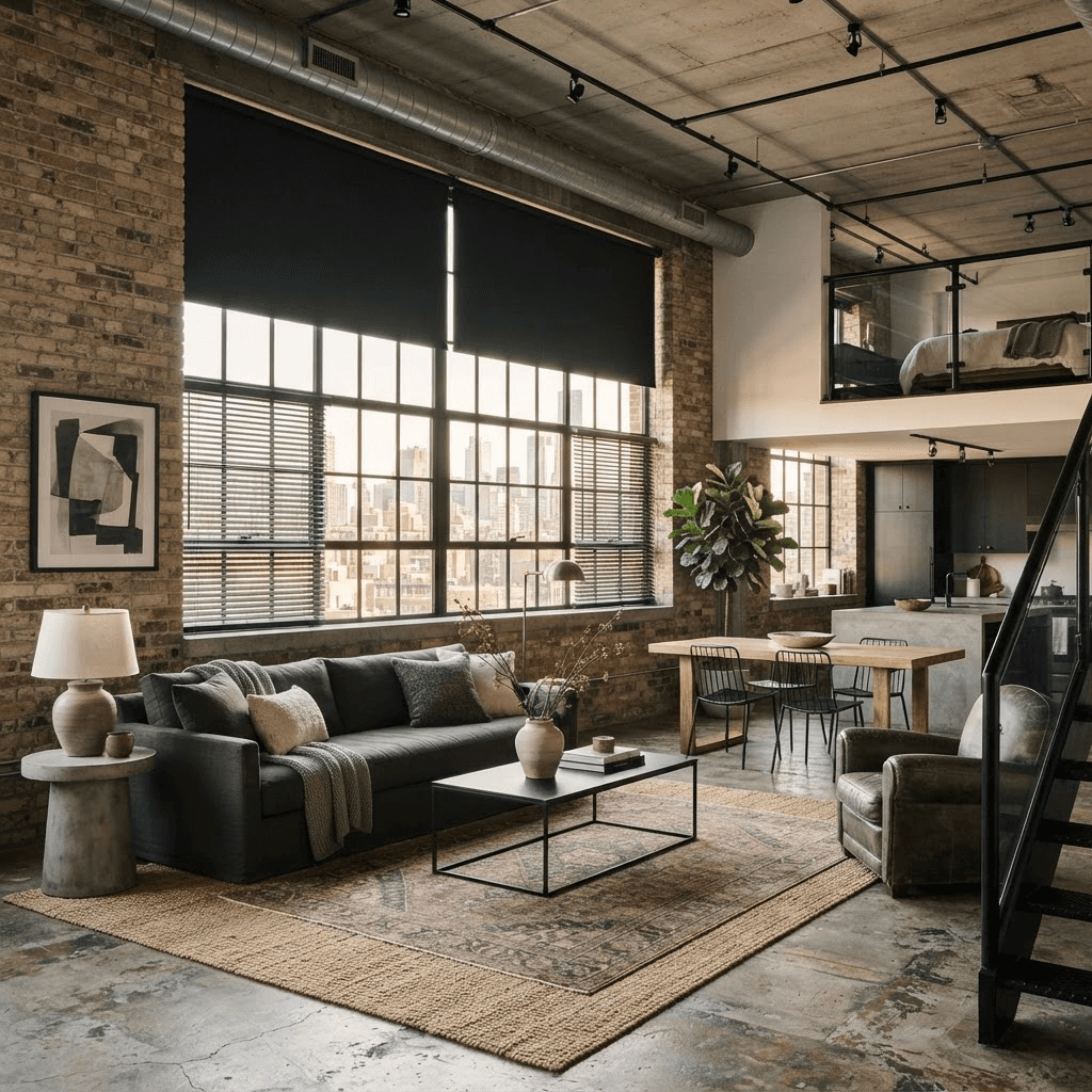 An industrial loft with black metal-framed factory windows dressed in matte-black roller shades and metal venetian blinds