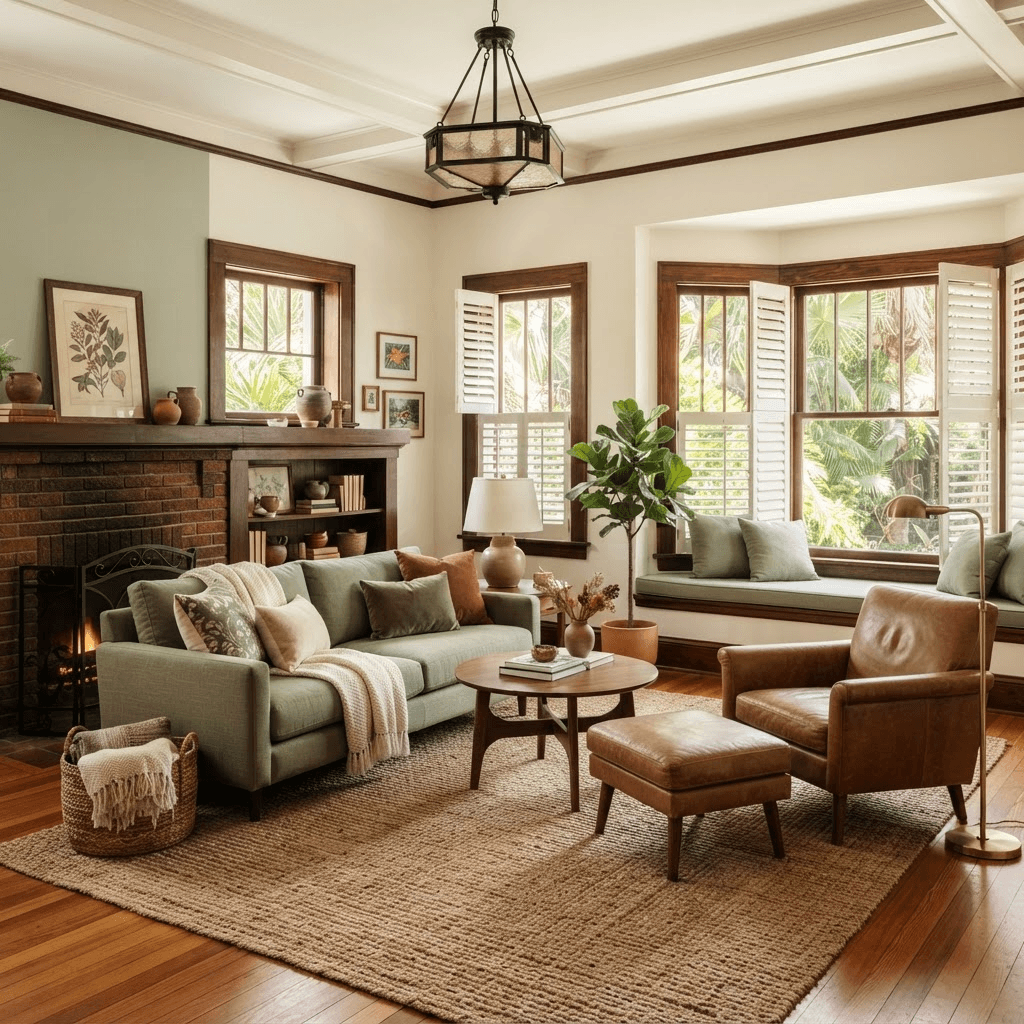 Restored 1920s craftsman bungalow living room in Laurel Park, downtown Sarasota, with original wood-trimmed windows dressed in white plantation shutters