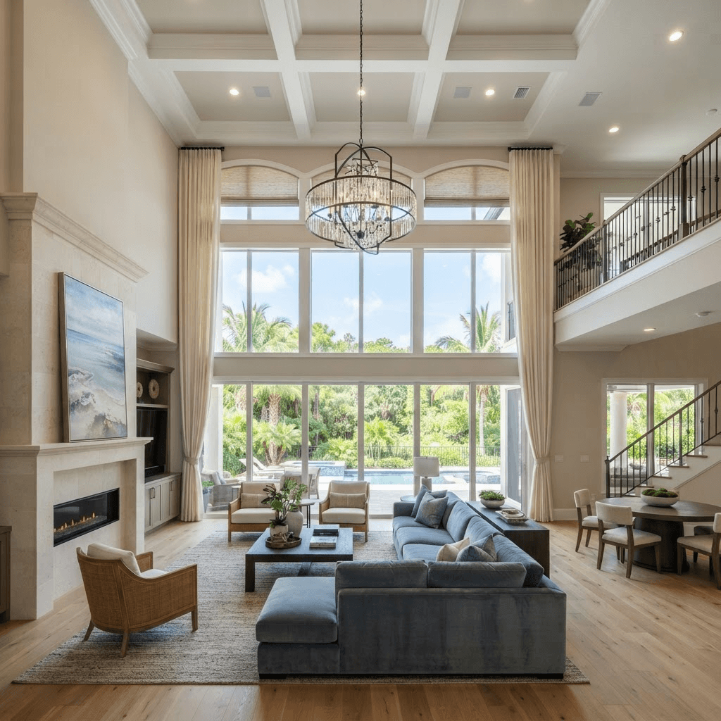 Grand new-construction estate great room in Legacy Estates on Palmer Ranch with soaring two-story impact glass overlooking a preserve, floor-length custom drapery, and motorized shades on the high transoms