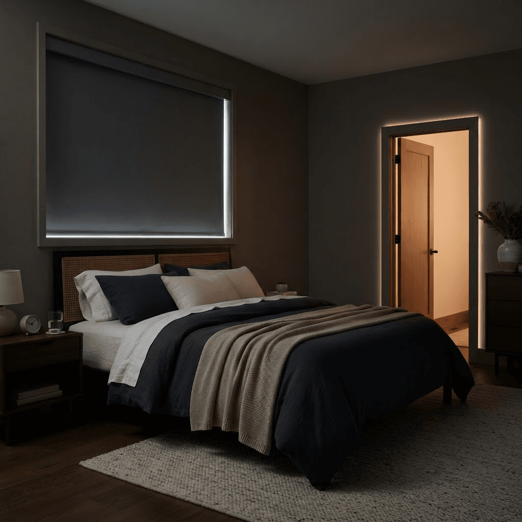 Darkened Sarasota primary bedroom with Norman LightGuard 360 shades sealing light around the window edges
