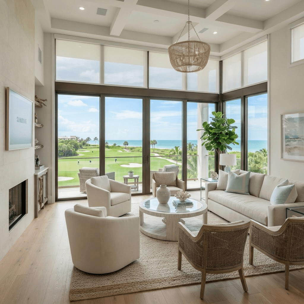 Resort-style living room in the gated Longboat Key Club Islandside with floor-to-ceiling windows overlooking a golf course and the Gulf of Mexico, dressed in motorized sheer and solar roller shades