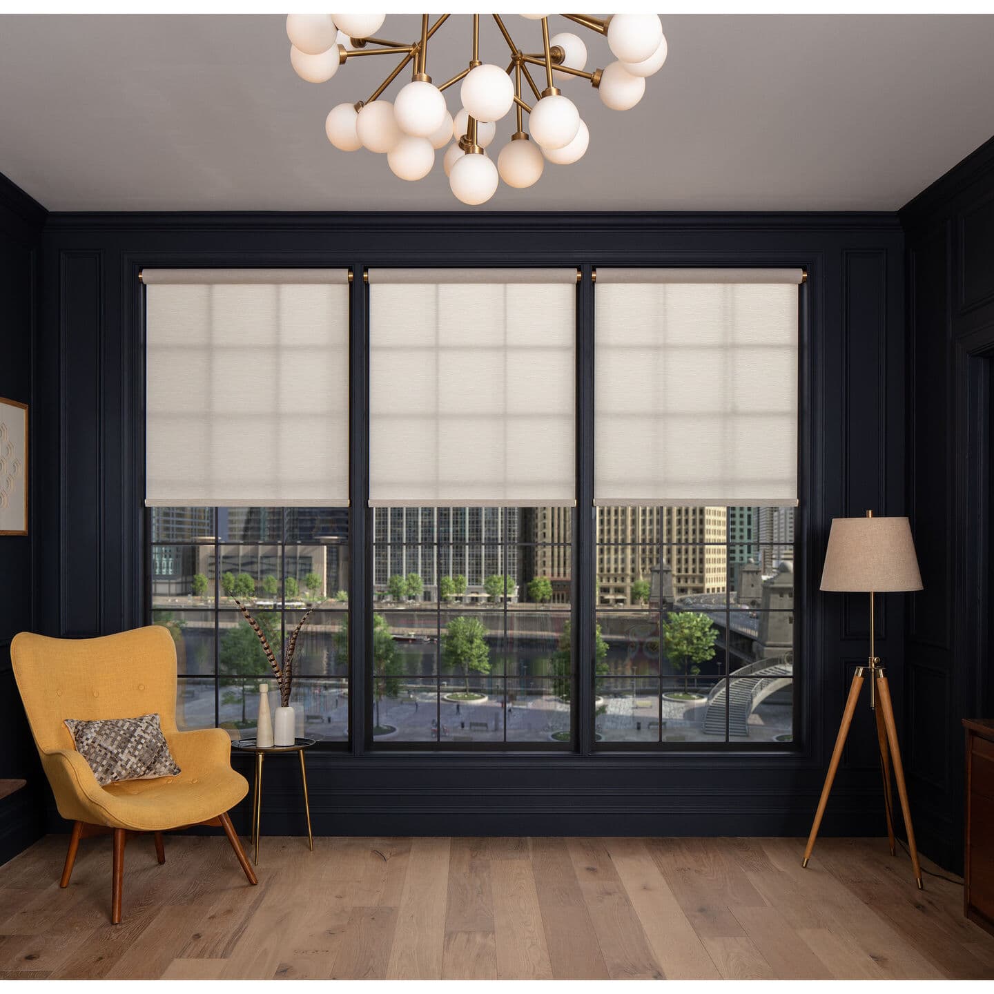 Lutron motorized shades framing a view