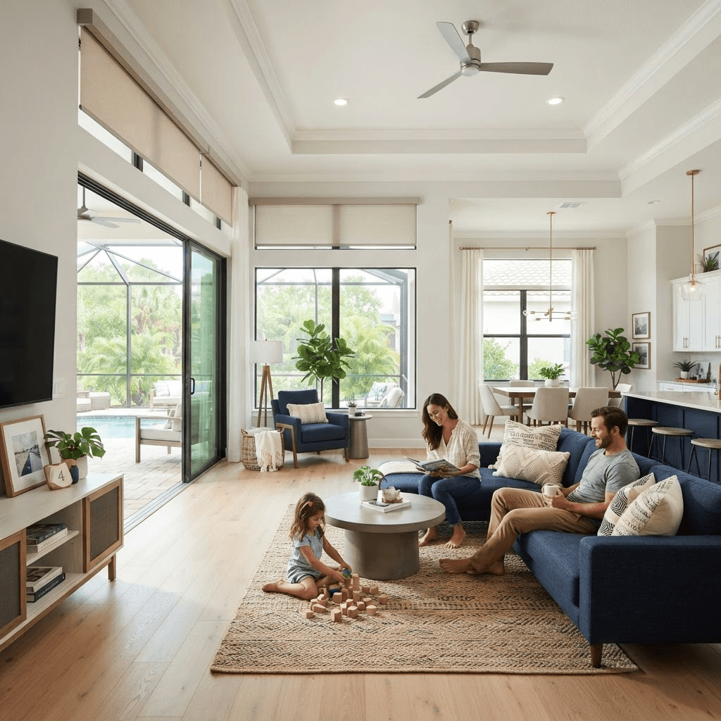 Modern open-concept living room in a gated Mallory Park home in Lakewood Ranch with a slider to a lanai, dressed in sleek motorized roller shades