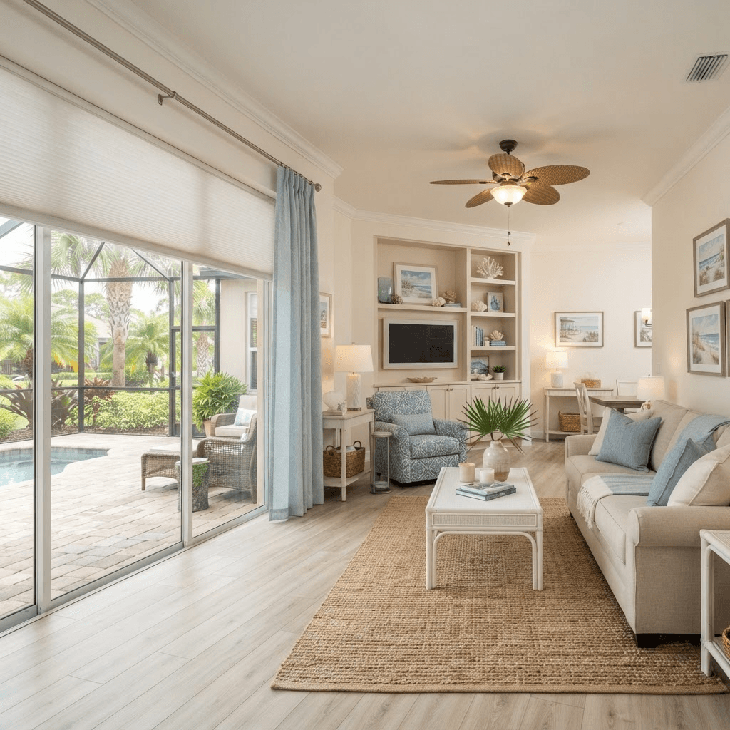 Villa great room in Marbella on Palmer Ranch with sliding glass doors to a screened lanai, dressed in cordless cellular shades and a soft drapery panel