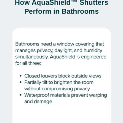 White waterproof plantation shutters on the window of a bright Sarasota primary bathroom with a freestanding tub