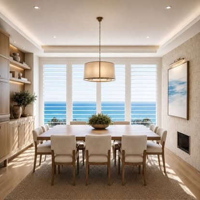 Norman plantation shutters framing an ocean view behind a light wood dining table in a coastal dining room.