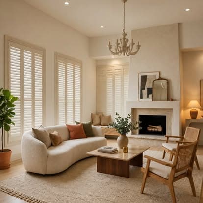 Custom white plantation shutters color-matched to the trim of a cream Sarasota living room with a curved sofa