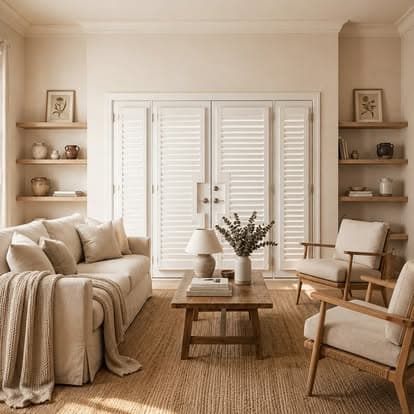 White plantation shutters mounted on French doors in a bright, neutral Sarasota living room