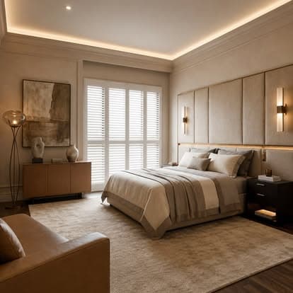 Elegant Sarasota bedroom with white plantation shutters framing a large window