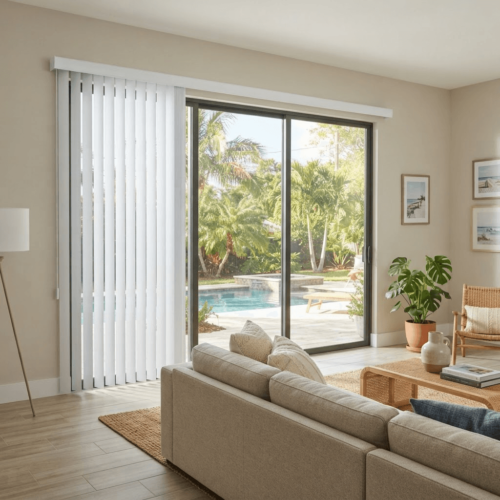 Crisp white Norman vertical vinyl blinds covering a sliding glass door in a modern living room
