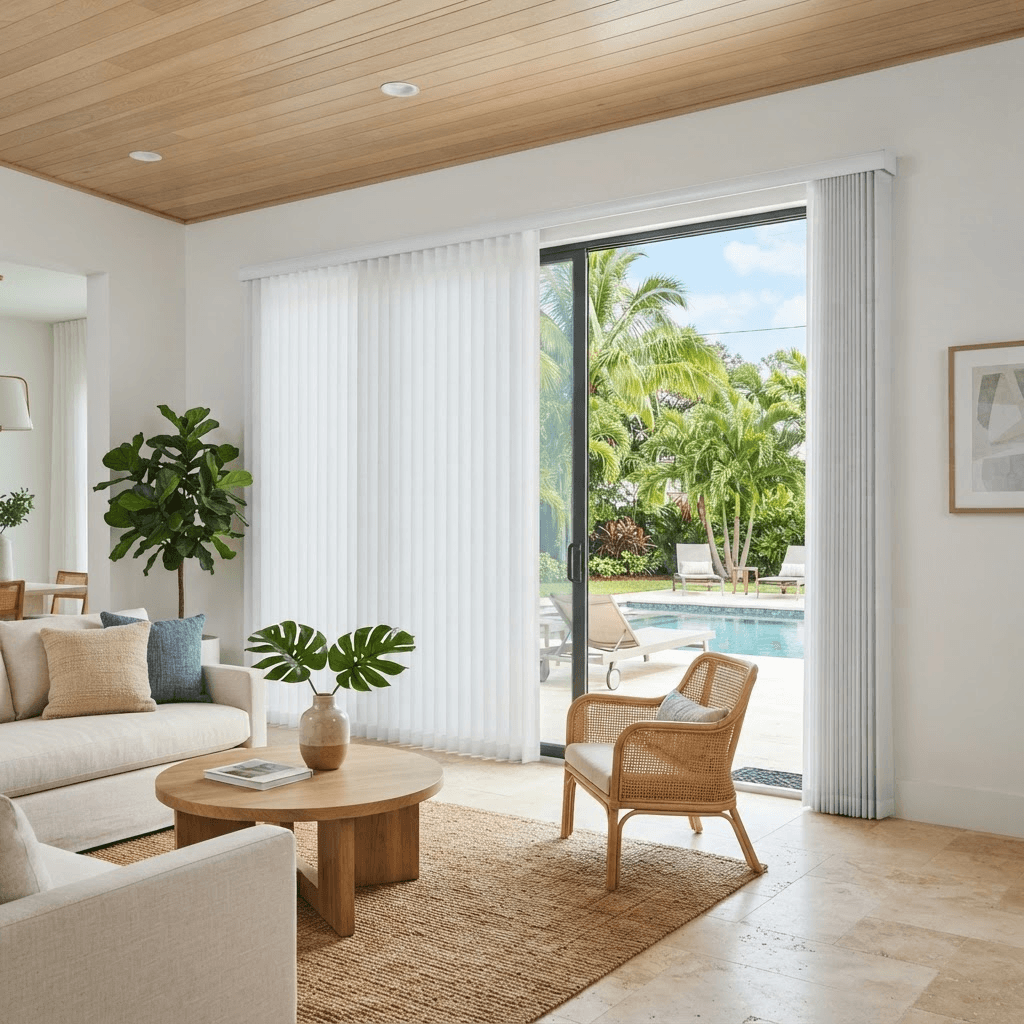 White Norman portrait vertical honeycomb shade drawn across a sliding glass door in a modern living room