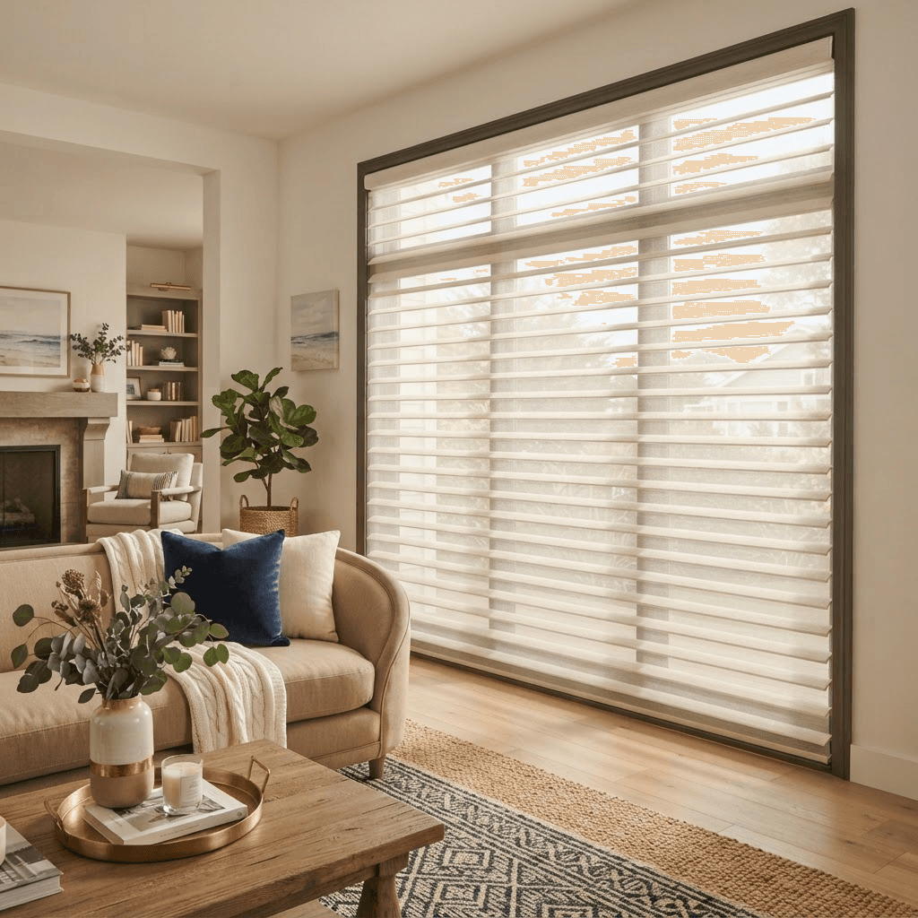 Sheer shades with soft floating fabric vanes diffusing warm daylight across a modern living room window