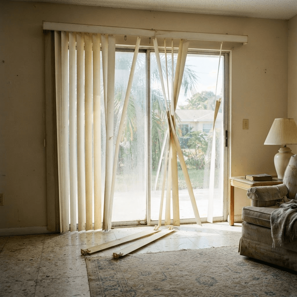 Old white vinyl vertical blinds on a sliding glass door with several vanes crooked, unhooked, and fallen out of the headrail