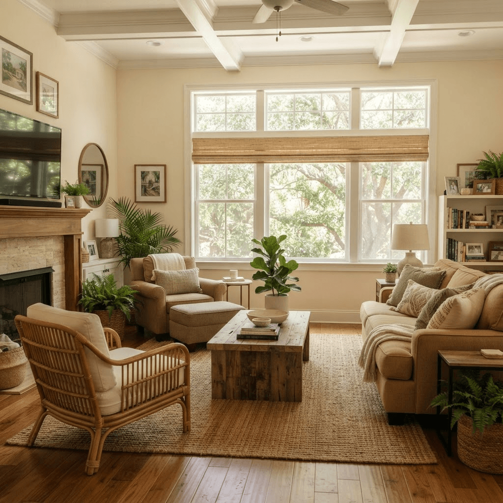 Single-story home living room in Palmer Oaks on Palmer Ranch with windows filtering dappled light through mature oak trees, dressed in faux-wood blinds and a roller shade