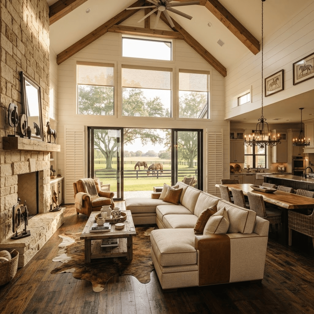 Spacious great room in a large-acreage equestrian estate home in Panther Ridge near Myakka City with tall windows overlooking open pastures, oaks, and a horse paddock, dressed in motorized roller shades and plantation shutters