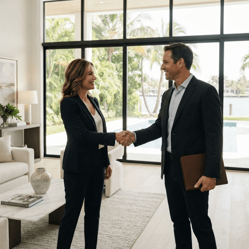 Two professionals shaking hands in a bright luxury Sarasota home