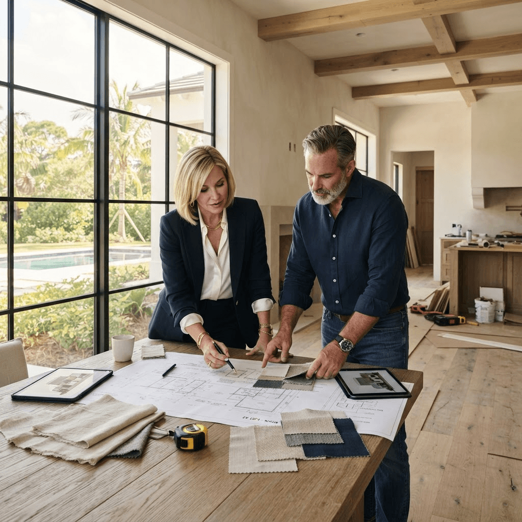 A builder and interior designer reviewing plans and fabric swatches together in a luxury Sarasota home