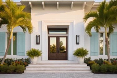 Florida coastal home with dark-wood ODL estate double doors flanked by palms