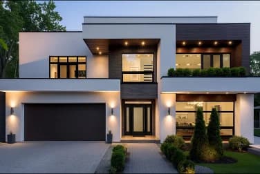 Modern white-and-wood home with a dark ODL single-light entry door and full-height glass sidelights
