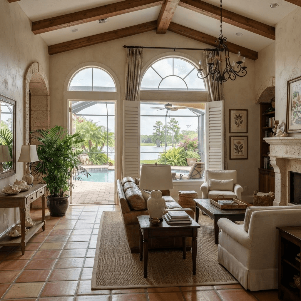 Warm Mediterranean-style living room in Plaza de Flores on Palmer Ranch with an arched window and a glass door to a screened pool lanai with lake views, dressed in plantation shutters and layered drapery