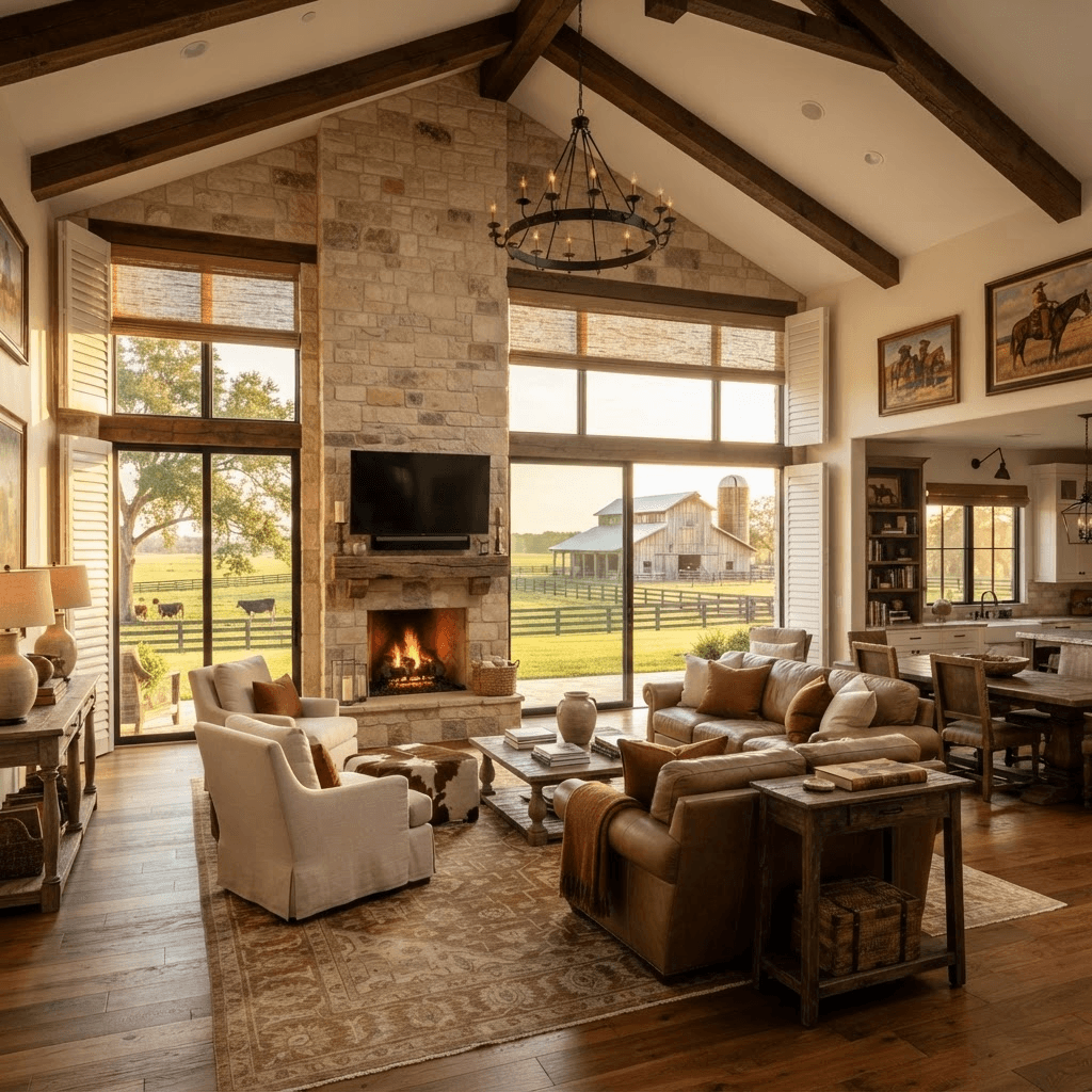 Great room in a sprawling ranch estate in Pomello Park near Myakka City with expansive windows overlooking acres of pasture and a barn, dressed in motorized roller shades and plantation shutters