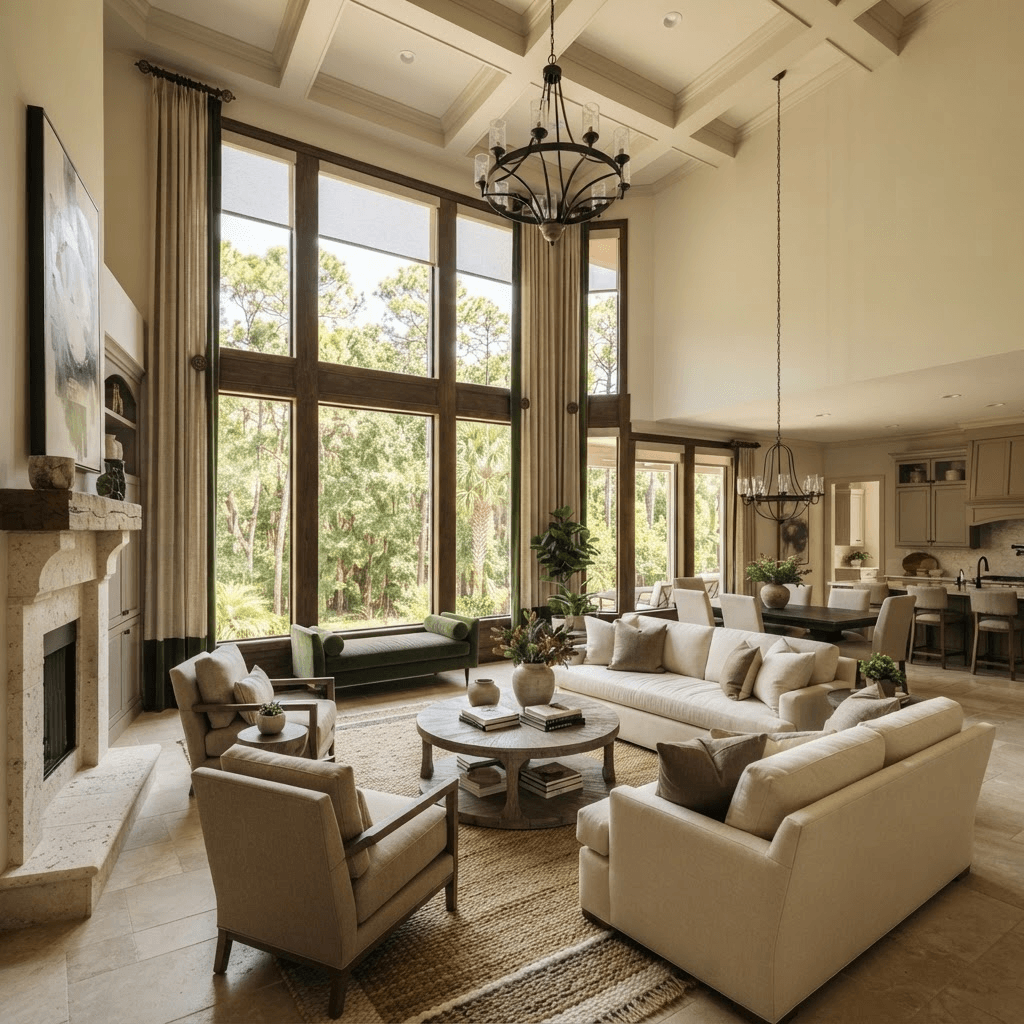 Great room in a custom estate home in The Preserve at Panther Ridge near Myakka City with floor-to-ceiling windows overlooking a wooded nature preserve, dressed in motorized solar shades and custom drapery