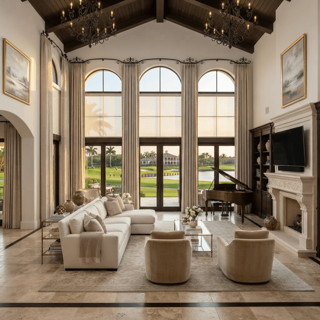 Mediterranean-revival great room in Prestancia on Palmer Ranch with tall arched windows overlooking a TPC golf course, dressed in custom drapery and motorized sheer shades