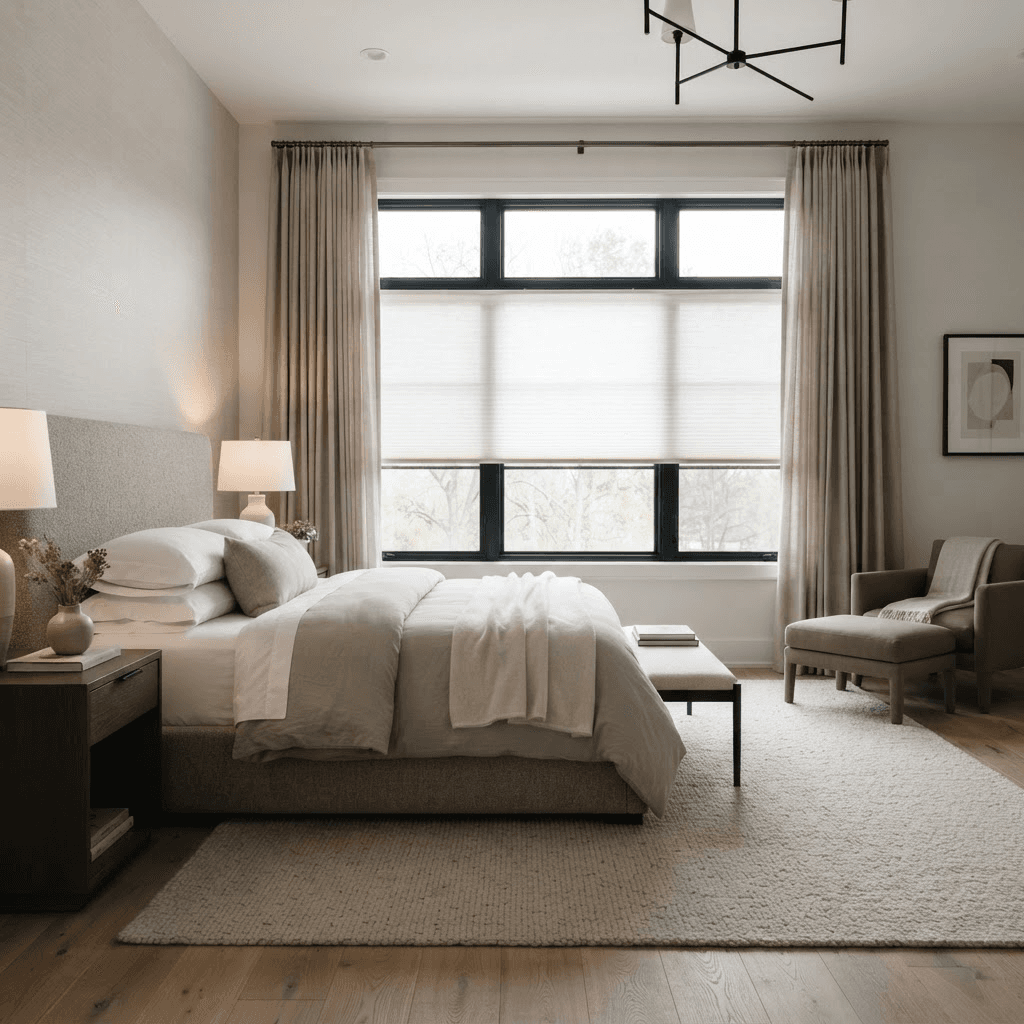 A modern bedroom window layered with a light-filtering cellular shade and floor-length drapery for privacy