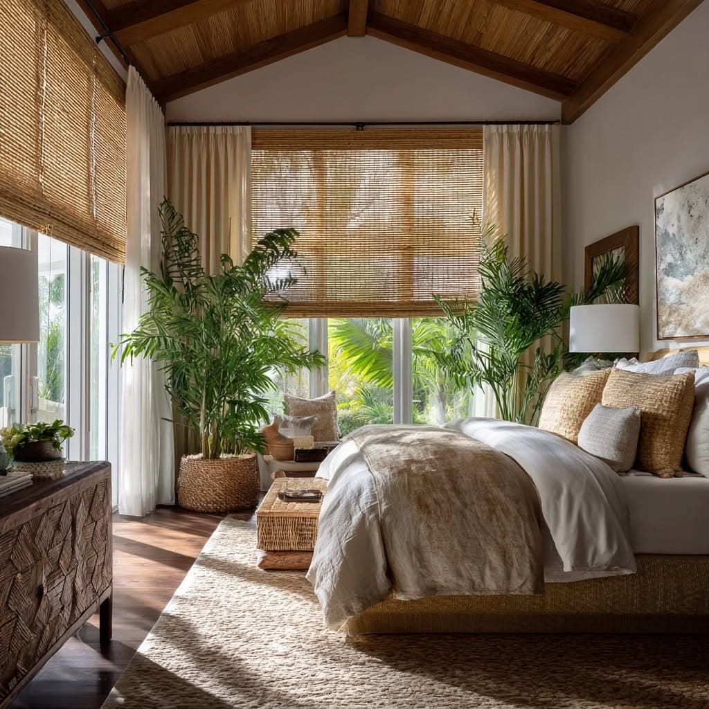 Natural woven wood shades over the windows of a bright coastal condominium.