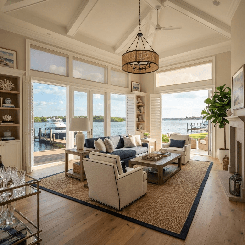 Bayfront single-family estate living room in the gated Queens Harbour enclave of Bay Isles on Longboat Key, overlooking Sarasota Bay and a private dock, dressed in plantation shutters and solar roller shades