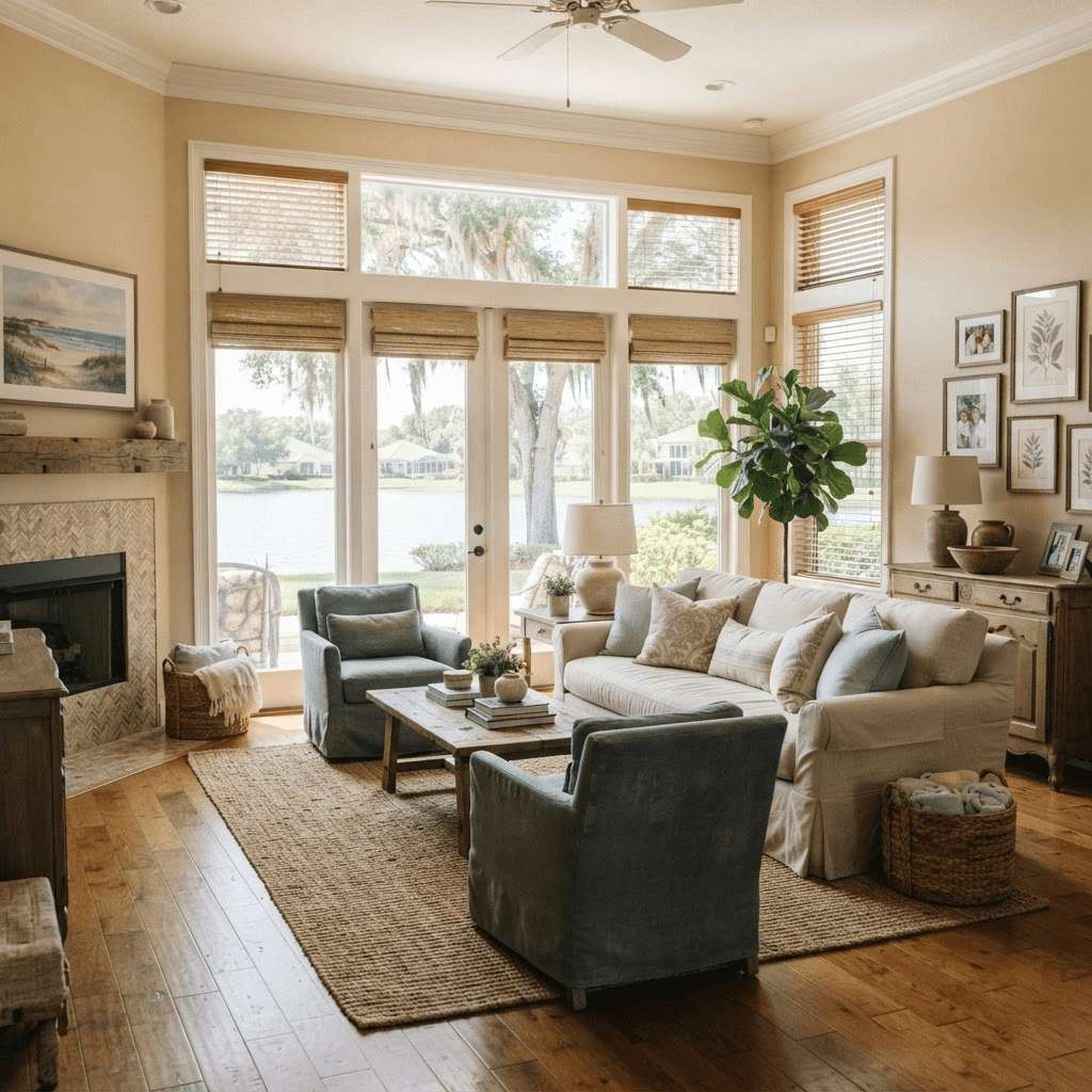 Living room in an established home in the Riverwalk village of Lakewood Ranch overlooking mature oaks and a lake, dressed in wood blinds and roller shades