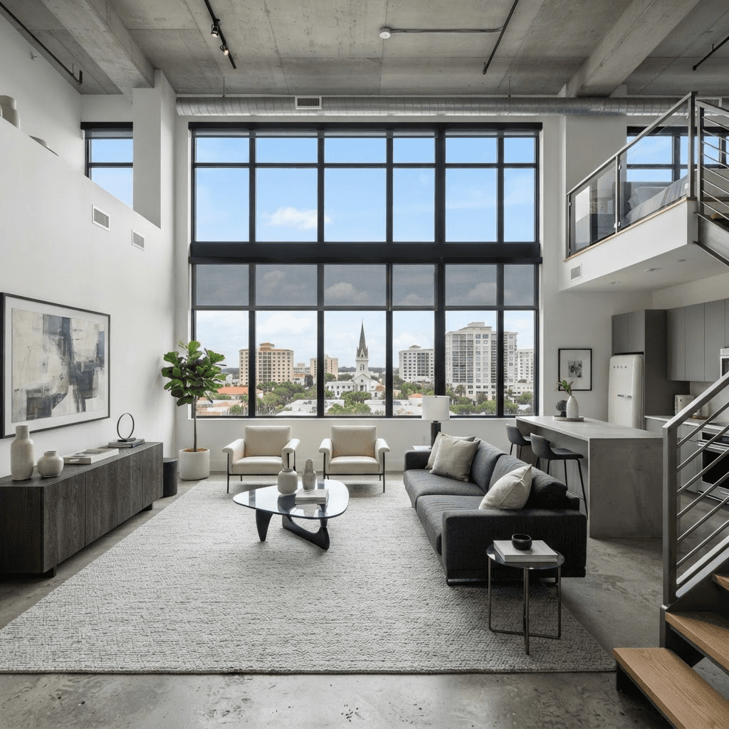 Modern loft-style condominium in Sarasota’s Rosemary District with large industrial-style windows and downtown views, dressed in sleek motorized roller shades
