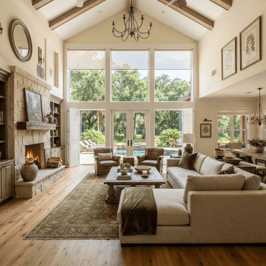 Great room in an acreage estate home in Rye Wilderness Estates near Parrish and Myakka City with tall windows overlooking preserved wilderness and oaks, dressed in plantation shutters and solar roller shades