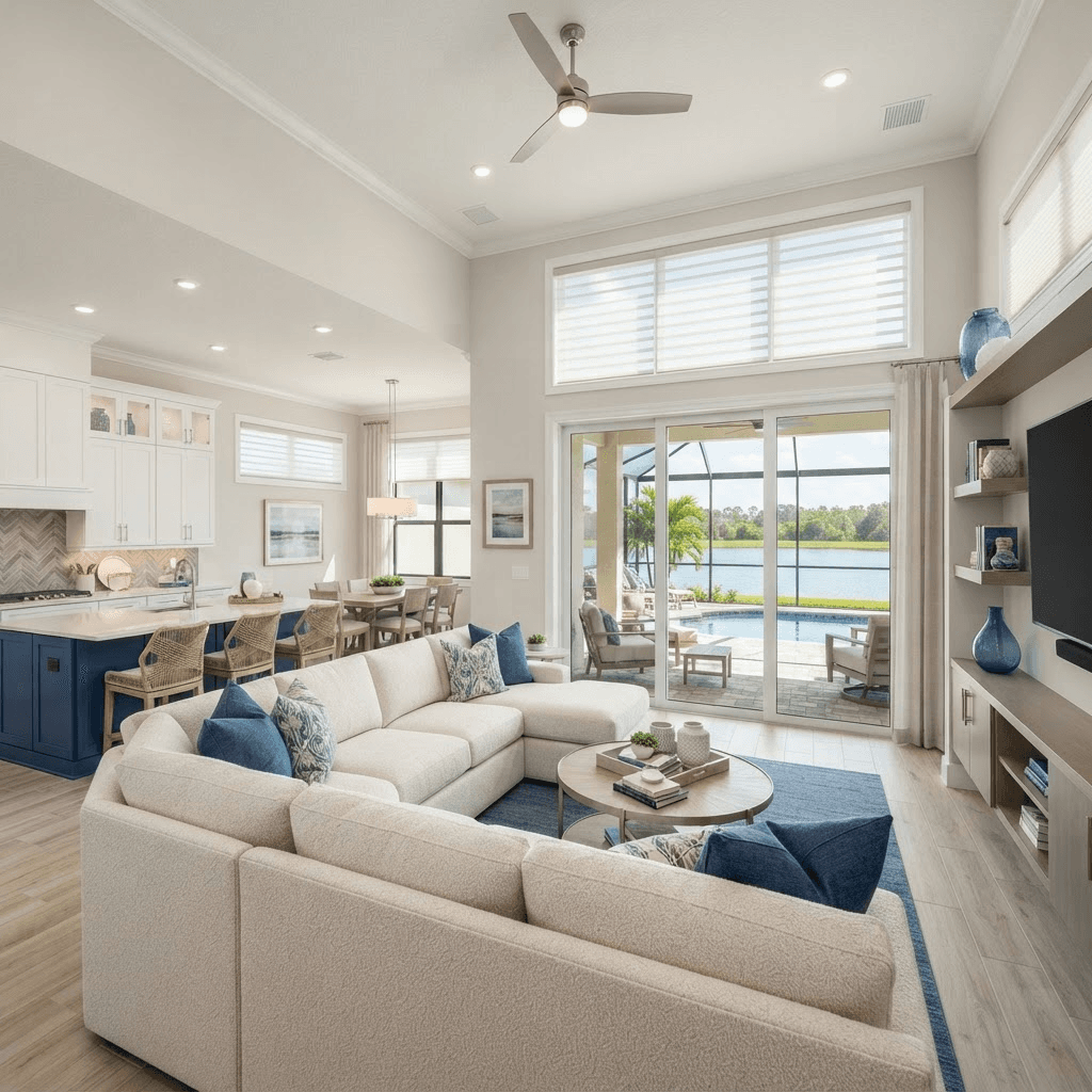 Bright open-concept family living room in a gated Sapphire Point home in Lakewood Ranch with a slider to a lanai overlooking a lake, dressed in cordless cellular shades and motorized roller shades