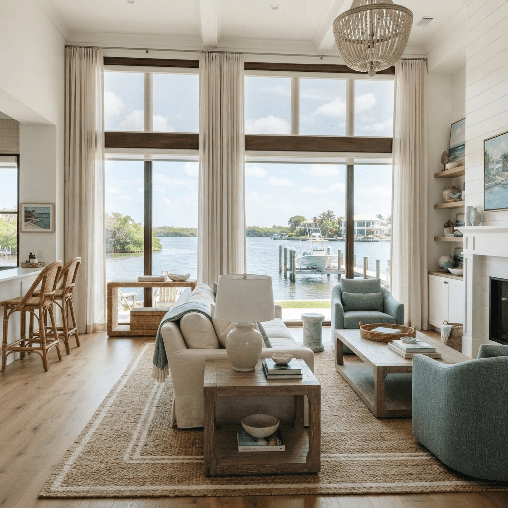 Waterfront estate living room in the Sleepy Lagoon neighborhood of Longboat Key overlooking a quiet lagoon and private dock, dressed in solar roller shades and soft sheer drapery