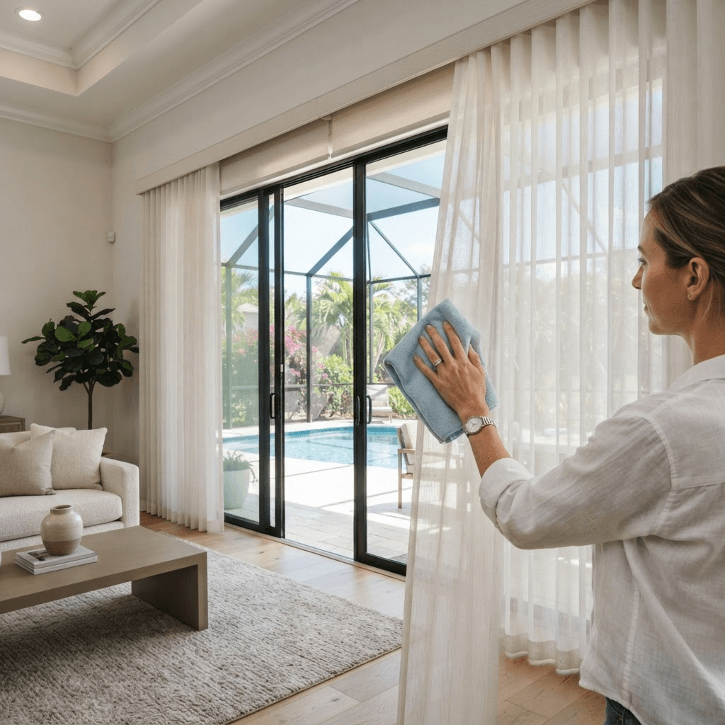 A hand dusting sheer vertical fabric vanes over wide sliding glass doors in a bright Florida living room