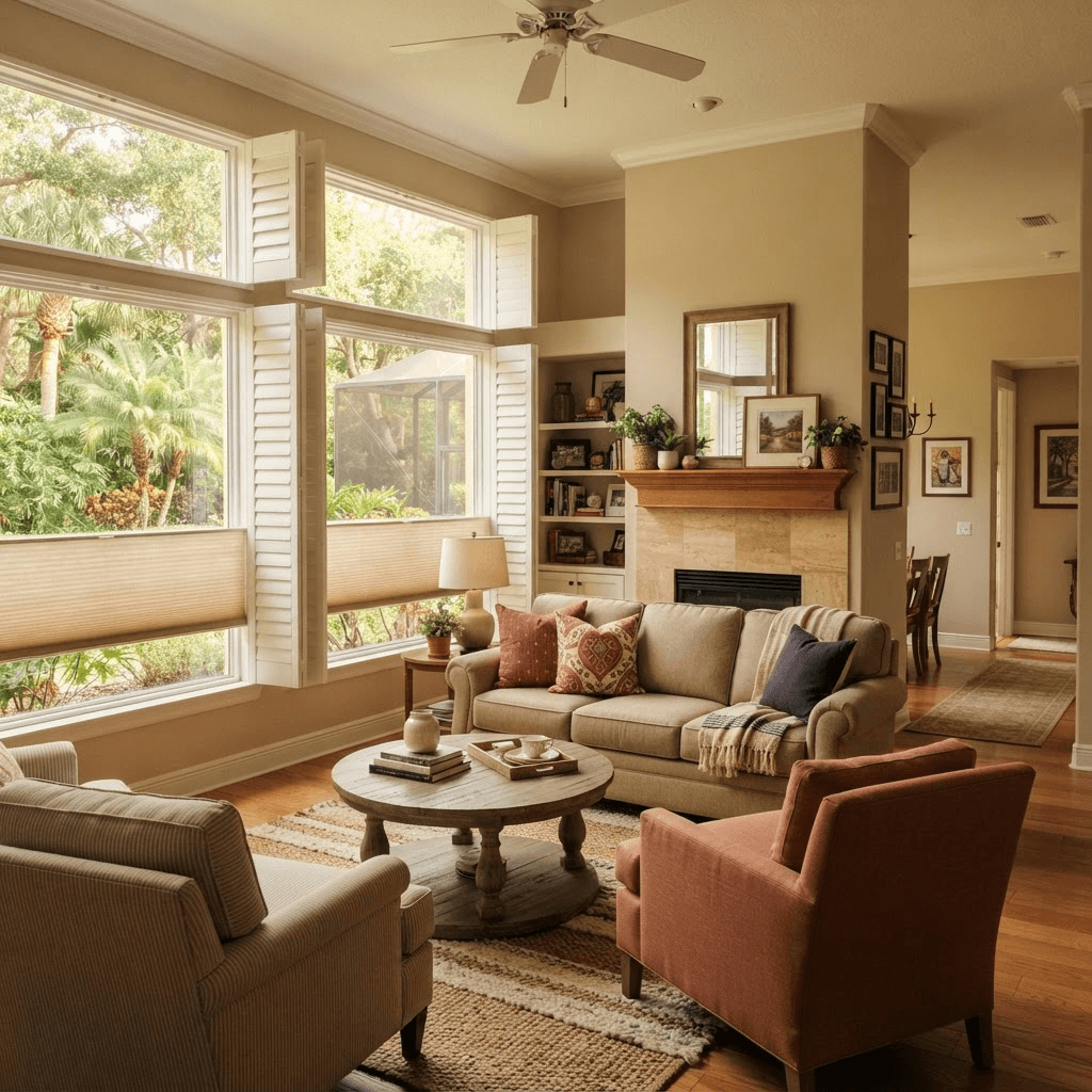 Living room in an established single-family home in the Summerfield village of Lakewood Ranch with windows facing a mature landscaped yard, dressed in plantation shutters and cellular shades