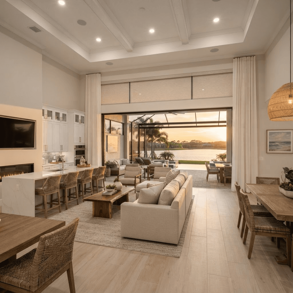 New-construction great room in Sunset Preserve on Palmer Ranch with tall pocketing sliders to a screened lanai overlooking a lake at golden hour, dressed in motorized roller shades and a sheer layer