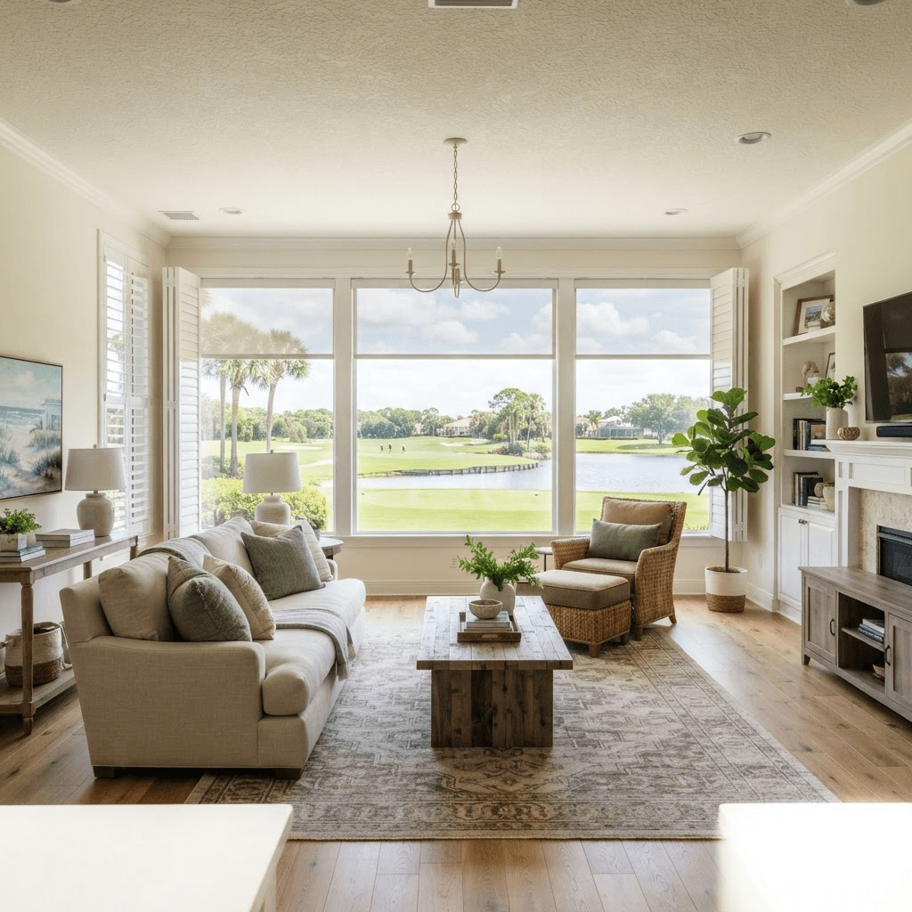 Golf-course home living room in The Meadows, Sarasota, with wide windows overlooking a fairway and lake, dressed in solar roller shades and plantation shutters