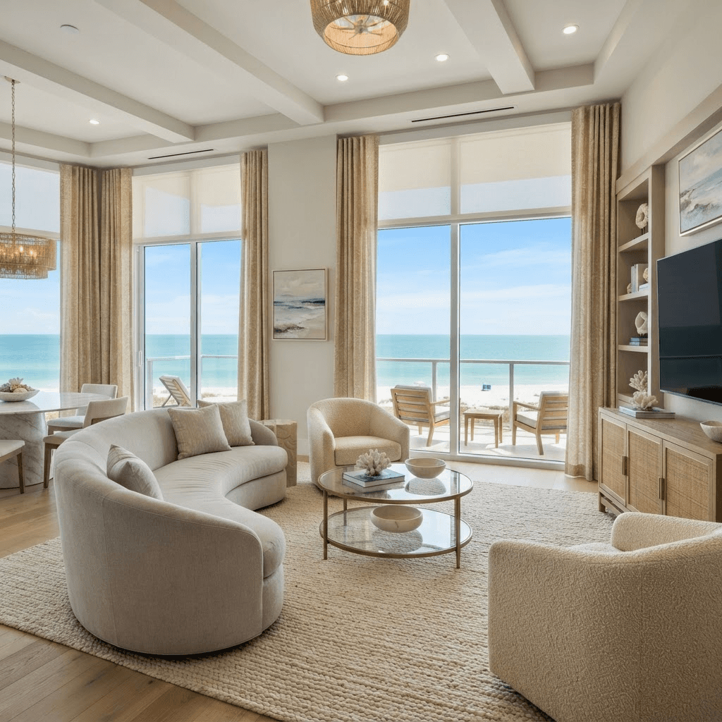 Gated Gulf-front condominium living room at The Sanctuary on Longboat Key with large beachfront windows, dressed in motorized sheer shades and custom drapery