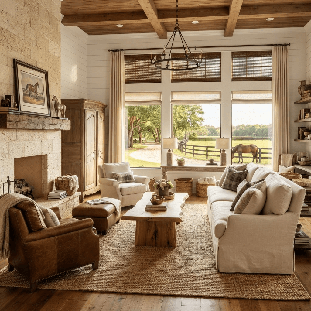 Living room in an equestrian acreage home in The Trails at Panther Ridge near Myakka City with wide windows overlooking private riding trails and paddocks, dressed in wood blinds and roller shades