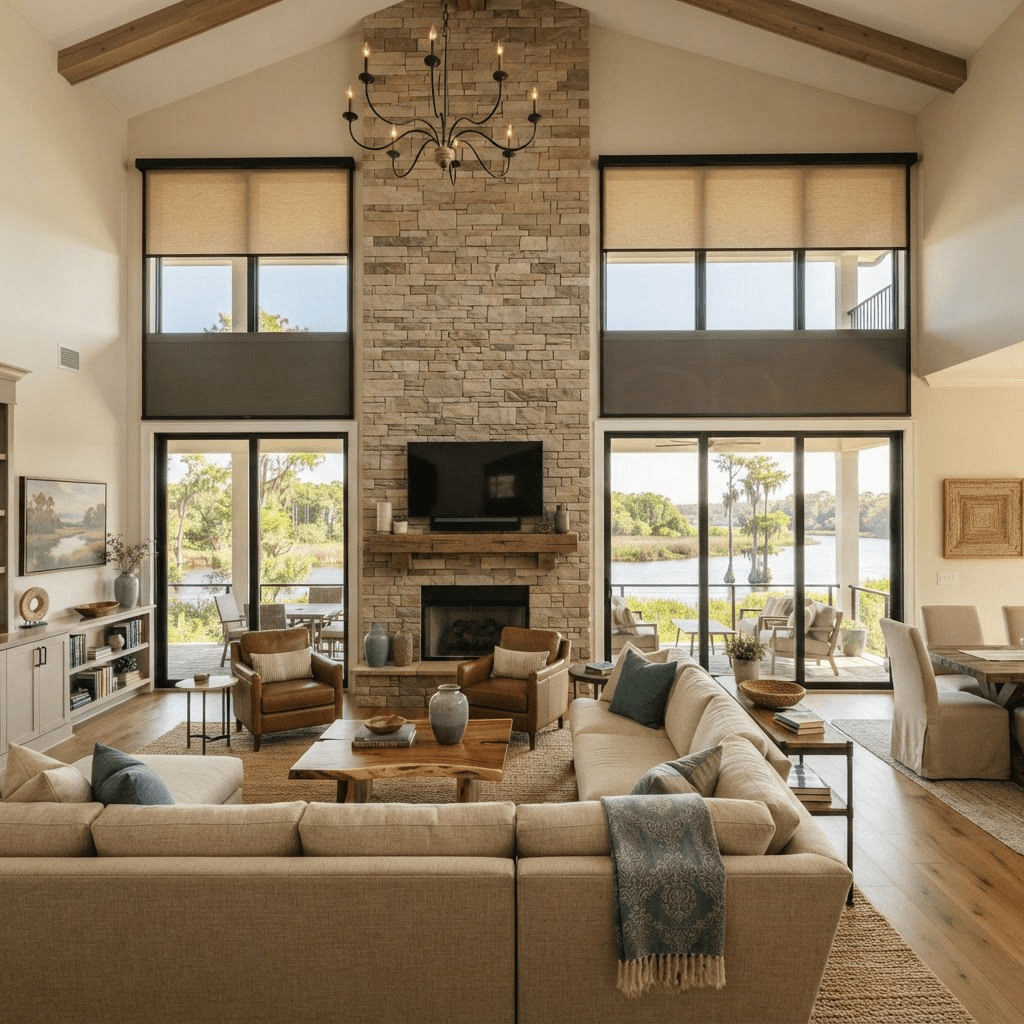 Great room in a large-acreage home in the Twin Rivers community along the Manatee River near Parrish with tall windows overlooking the river and preserved land, dressed in motorized roller shades and solar shades