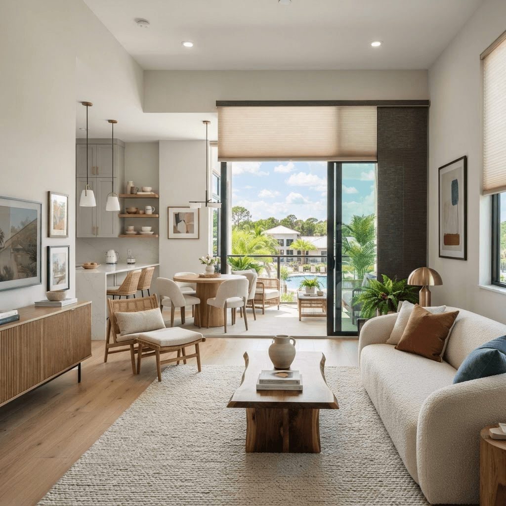 Updated condominium living space in Vintage Grand on Palmer Ranch with a sliding glass door to a balcony, dressed in cordless cellular shades and a roller shade