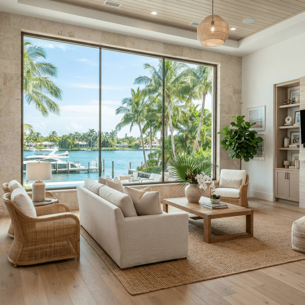 Florida living room with a large fixed picture window framing a water and palm view