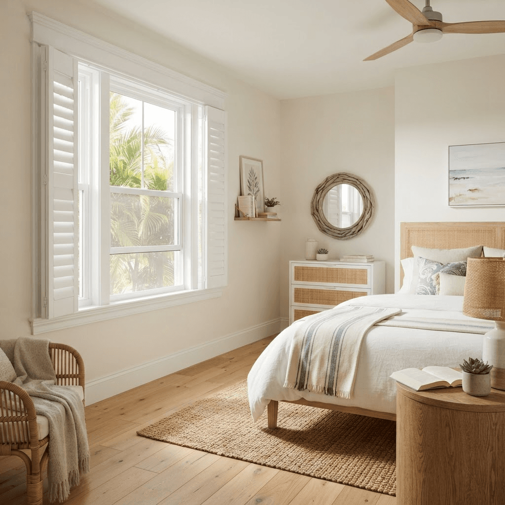Florida bedroom with single-hung windows and white frames in soft morning light