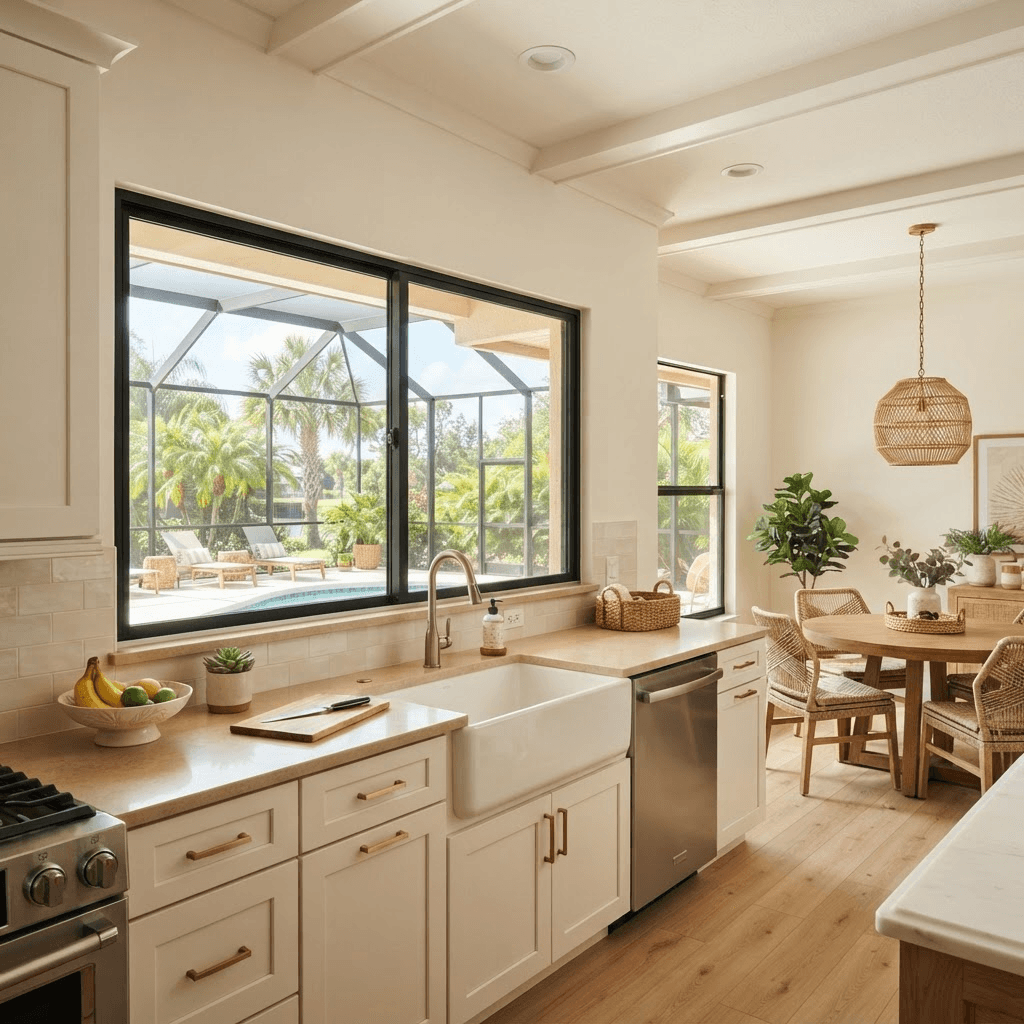Florida interior with a horizontal sliding window opened above a counter with a patio view