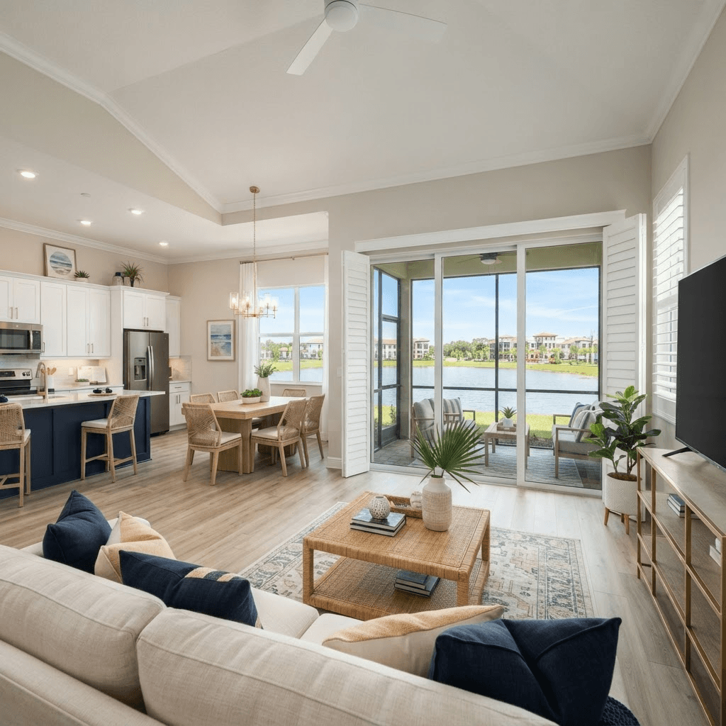 Bright new construction great room in a Wellen Park home with freshly installed plantation shutters and motorized shades overlooking a lake